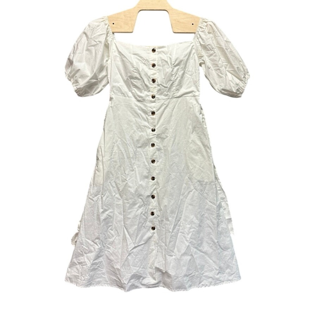 Blue Tassel White Cotton Button Front Puff Sleeve Midi Dress Square Neck Md